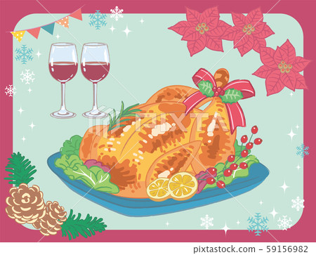 Christmas dinner material. Roasted turkey and wine. Handwriting style 59156982