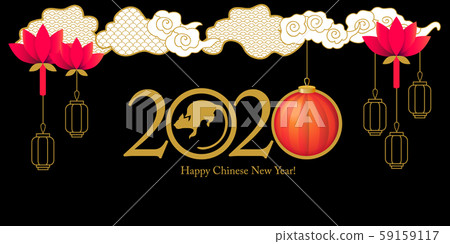 Rat symbol, clouds and oriental lanters. Rat symbol, clouds and oriental lanters. 59159117