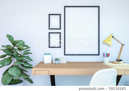 Working room interior with blank photo frame for mock up on wall, 3D Rendering Working room interior with blank photo frame for mock up on wall, 3D Rendering 59159165