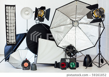 Photo studio equipment flash accessories photographer on a white background 59161852