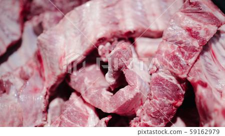 Pork on Tray in Supermarket, Raw Food. Closeup  59162979