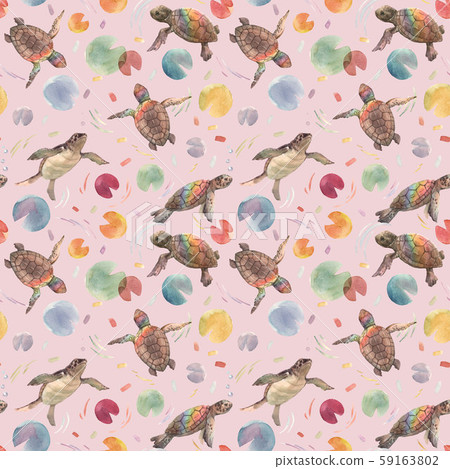 Watercolor rainbow small baby turtles colourful seamless pattern 59163802