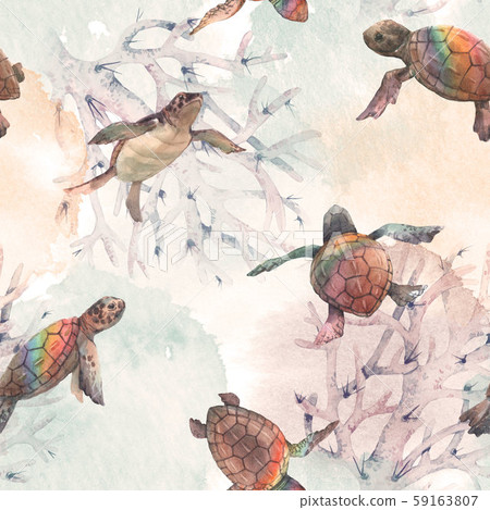 Watercolor rainbow small baby turtles colourful seamless pattern 59163807