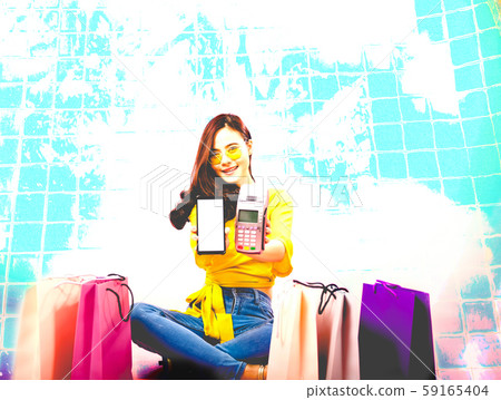 woman with smartphone & credit card swiping machine. shopping lifestyle & payment with nfc technology woman with smartphone & credit card swiping machine. shopping lifestyle & payment with nfc technology 59165404