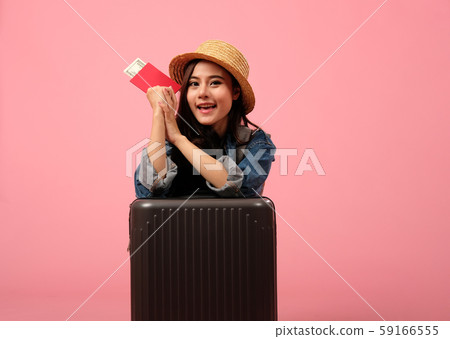 woman backpacker traveler with passport money luggage. journey trip travel. studio shot woman backpacker traveler with passport money luggage. journey trip travel. studio shot 59166555