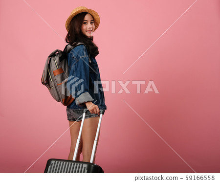 woman backpacker traveler with backpack. journey trip travel. studio shot woman backpacker traveler with backpack. journey trip travel. studio shot 59166558