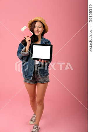woman backpacker traveler with tablet passport money . journey trip travel. studio shot woman backpacker traveler with tablet passport money . journey trip travel. studio shot 59166559