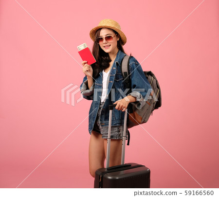 woman backpacker traveler with passport & money. journey trip travel. studio shot woman backpacker traveler with passport & money. journey trip travel. studio shot 59166560