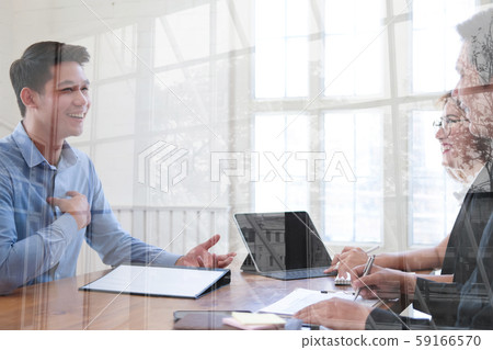 human resource team interviewing candidate for job vacancy. applicant explaining profile for career recruitment human resource team interviewing candidate for job vacancy. applicant explaining profile for career recruitment 59166570