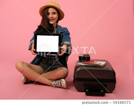 woman backpacker traveler holding tablet. journey trip travel. studio shot 59166571
