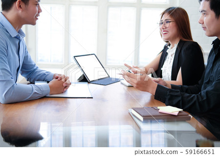 human resource team interviewing candidate for job vacancy. applicant explaining profile for career recruitment 59166651