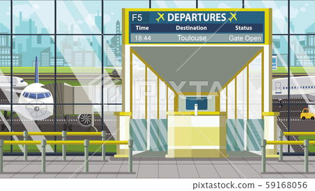 Airport terminal. Departure board above the gate with Toulouse text. Travel to France cartoon 59168056