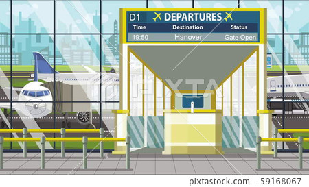 Flight to Hanover on airport departure board. Trip to Germany cartoon illustration 59168067
