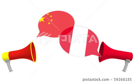 Speech bubbles with flags of Peru and China. Intercultural dialogue or international talks related 59168185