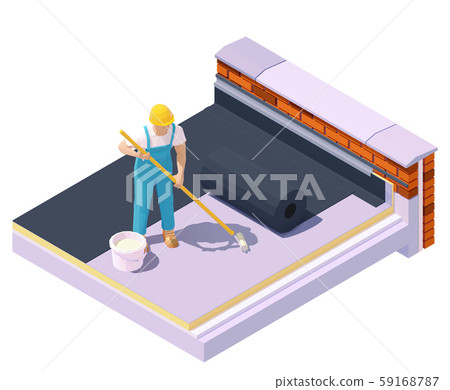 Vector isometric worker at flat roof insulation 59168787