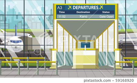 Airport terminal. Departure board above the gate with Kano text. Travel to Nigeria cartoon Airport terminal. Departure board above the gate with Kano text. Travel to Nigeria cartoon 59168920