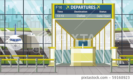 Flight to Dallas on airport departure board. Trip to the United States cartoon illustration Flight to Dallas on airport departure board. Trip to the United States cartoon illustration 59168923