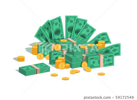 Money pile. Bundle with flying dollars and rolling golden coins, stack of green banknotes and coins 59172549