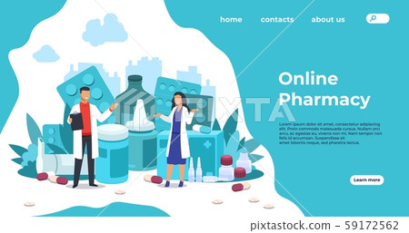 Pharmacy landing page. Medical support and drugs addiction concept, blisters with pills and capsules 59172562