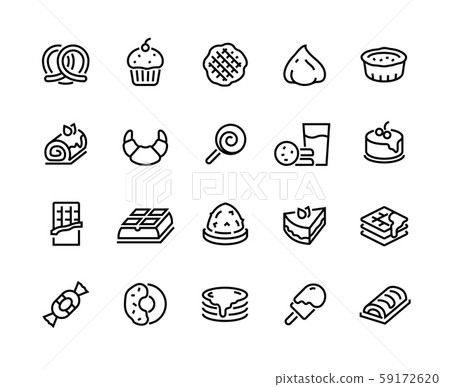 Desserts line icons. Sweet food cakes waffles biscuits donuts and bakery, croissant chocolate pie Desserts line icons. Sweet food cakes waffles biscuits donuts and bakery, croissant chocolate pie 59172620