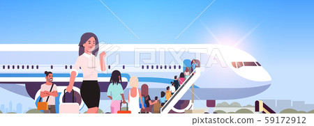 woman with luggage standing line queue of people travelers going to plane rear view passengers climb woman with luggage standing line queue of people travelers going to plane rear view passengers climb 59172912