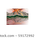 scene of volcano pines forest lake and red sky  59172992