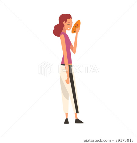 Young Woman Covering Her Face with Mask, Girl Hiding Her Natural Personality or Individuality to 59173013