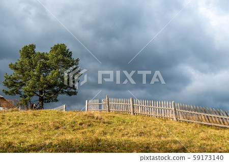 Landscape with lonely tree and dark stormy sky Landscape with lonely tree and dark stormy sky 59173140
