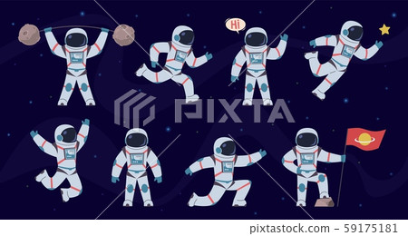 Cartoon astronaut. Cosmonaut characters in different poses running, standing and walking, flying Cartoon astronaut. Cosmonaut characters in different poses running, standing and walking, flying 59175181