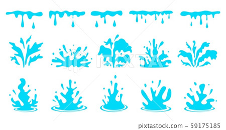 Cartoon water splashes. Blue flowing liquid, aqua stream with drops. Sea splashing motion isolated 59175185