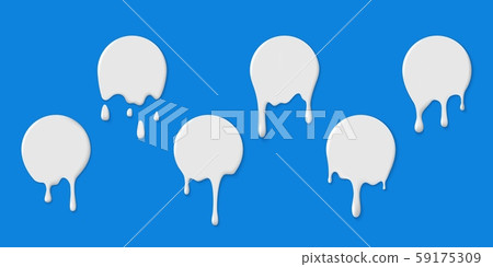Milk labels with drips. Milkshake melt circle stickers with drops. White paint blobs, yogurt dessert 59175309