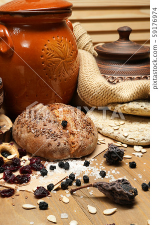 fresh bread, bagels, dried fruits, seeds, salt, 59176974