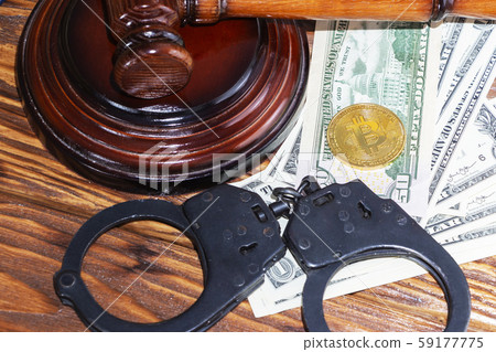 bitcoin, judge's hammer, handcuffs. Concept 59177775
