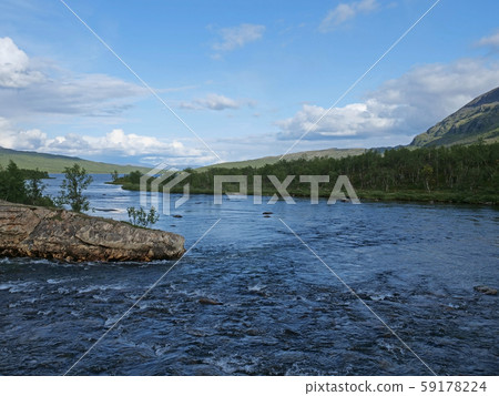 Landscape with a blue glaciar river Abiskojokk, Landscape with a blue glaciar river Abiskojokk, 59178224