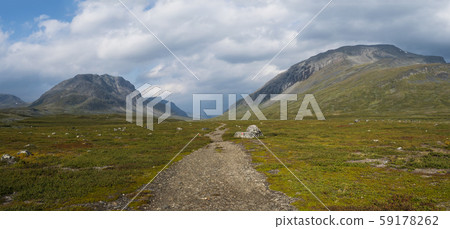 Wide panorama of Kungsleden hiking trail path with Wide panorama of Kungsleden hiking trail path with 59178262