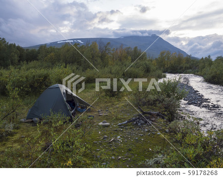 Small green tent in Beautiful wild Lapland nature Small green tent in Beautiful wild Lapland nature 59178268