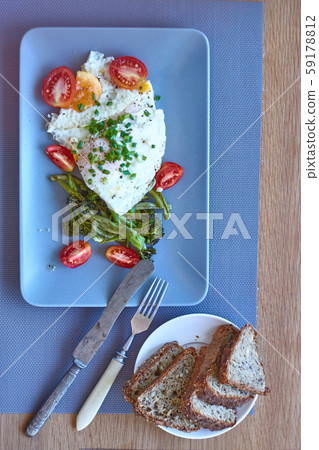 Top view breakfast, fried eggs with baked Top view breakfast, fried eggs with baked 59178812