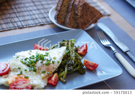 Close-up breakfast, fried eggs with baked Close-up breakfast, fried eggs with baked 59178813