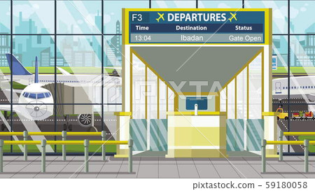 Airport terminal. Departure board above the gate with Ibadan text. Travel to Nigeria cartoon Airport terminal. Departure board above the gate with Ibadan text. Travel to Nigeria cartoon 59180058
