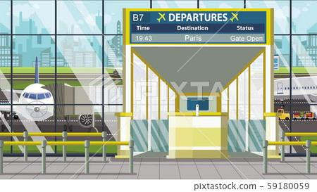 Airport terminal. Departure board above the gate with Paris text. Travel to France cartoon Airport terminal. Departure board above the gate with Paris text. Travel to France cartoon 59180059