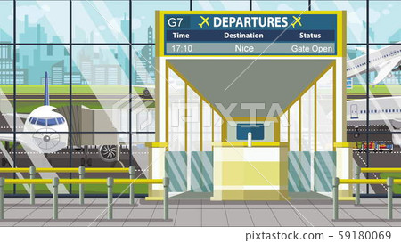 Departure board in the airport terminal with Nice caption. Travel to France cartoon illustration Departure board in the airport terminal with Nice caption. Travel to France cartoon illustration 59180069