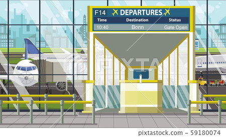 Airport gate. Departure board with Bonn text. Travel to Germany related cartoon illustration Airport gate. Departure board with Bonn text. Travel to Germany related cartoon illustration 59180074