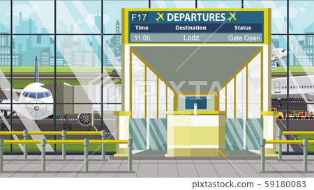 Departure board in the airport terminal with Lodz caption. Travel to Poland cartoon illustration Departure board in the airport terminal with Lodz caption. Travel to Poland cartoon illustration 59180083