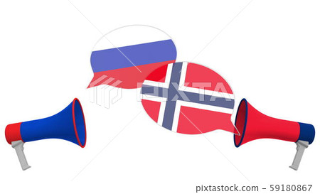 Flags of Norway and Russia on speech balloons from megaphones. Intercultural dialogue or 59180867