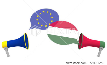 Speech bubbles with flags of Hungary and the European Union EU. Intercultural dialogue or Speech bubbles with flags of Hungary and the European Union EU. Intercultural dialogue or 59181250