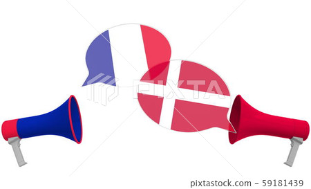 Speech bubbles with flags of Denmark and France and loudspeakers. Intercultural dialogue or Speech bubbles with flags of Denmark and France and loudspeakers. Intercultural dialogue or 59181439