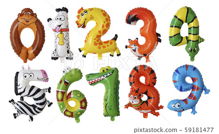 Number balloons in the shape of animals with clipping path 59181477