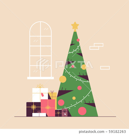 christmas decorated green fir tree with gift... - Stock Illustration ...