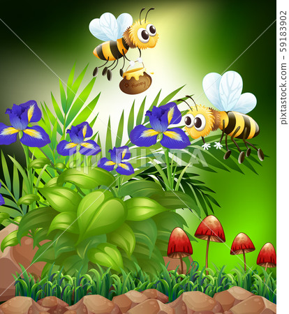 Nature scene with honey bees and flowers 59183902
