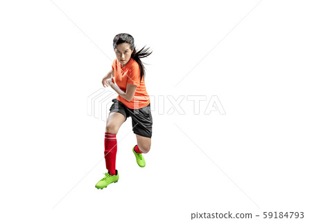 Asian football player woman in the pose of kicking 59184793